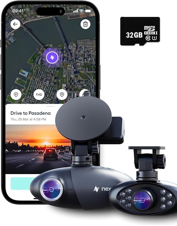 Nexar Pro Dual Dash Cam 1080p FHD Front and Interior Cameras AI Crash Detection 24H Parking Mode Night Vision and Unlimited Cloud Backup Includes 32GB SD Card and 1-Year Nexar App Subscription