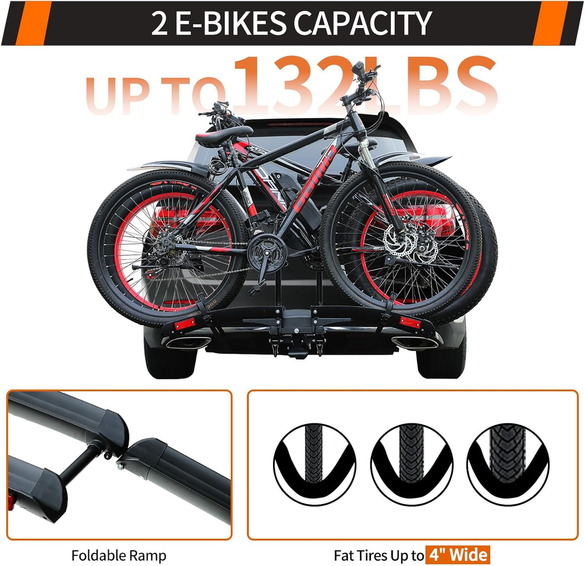 Foldable Electric Bike Rack Hitch Mount with Ramp for 2" Receiver, 2 Bike Rack for Car, Up to 4’’ Fat Tire, 136 lbs Capacity, with Locks, Tiltable, Wheels for Easy Transport