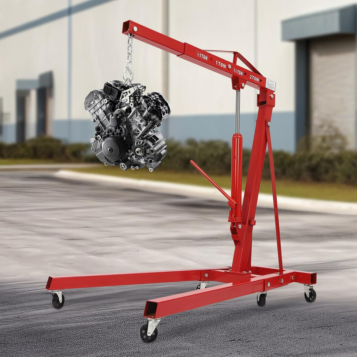Folding Engine Crane 2 Ton Folding Engine Hoist 4400lbs Crane Hoist Lift with 6 Iron Caster Wheels for Garage, Workshop (Red)