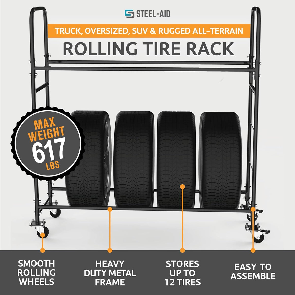 STEELAID Tire Storage Rack - Rolling Rack for Garage - Indoor/Outdoor Shelves 60 inch Organizer