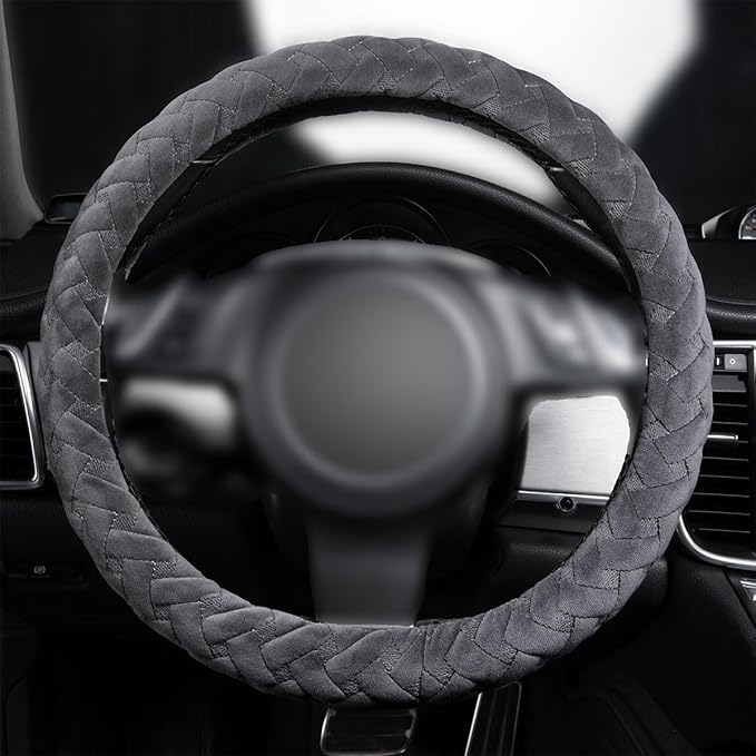 Flying Banner car Steering Wheel Cover Massage Velvet Warm Universal Size 15 inches SUV Truck Anti Slip Odorless Summer Winter (Gray, Velvet Massage)