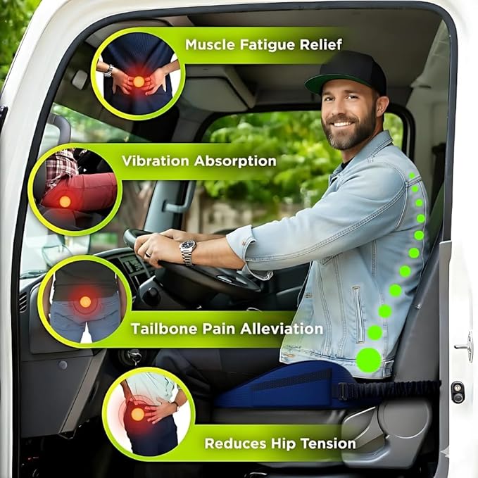 Large Truck Seat Cushion for Truck Driver Seat Cushion - Upgraded Back Support, CertiPUR-US® Certified - Thick Memory Foam, Pain Relief for Hours of Driving, Trucker Approved Big Rig - Navy