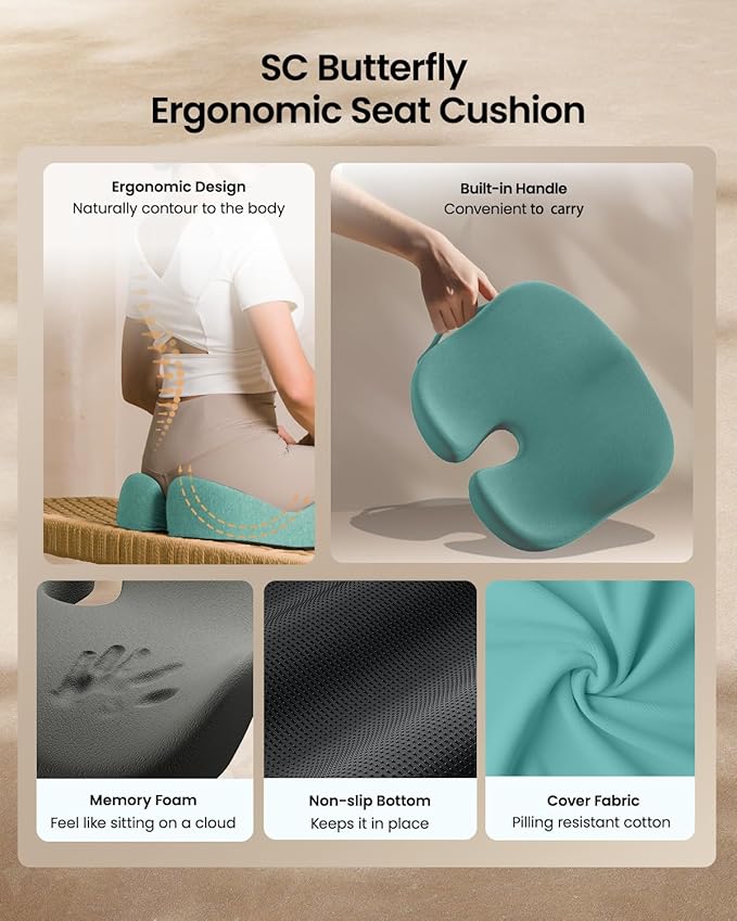 ProtoArc Seat Cushion, Office Chair Cushion for Sciatica, Coccyx Cushion, Ergonomic Memory Foam Seat Cushion for Car, Home, Pressure Relief Pad for Hip, Tailbone, All Day Comfort - Mint Green
