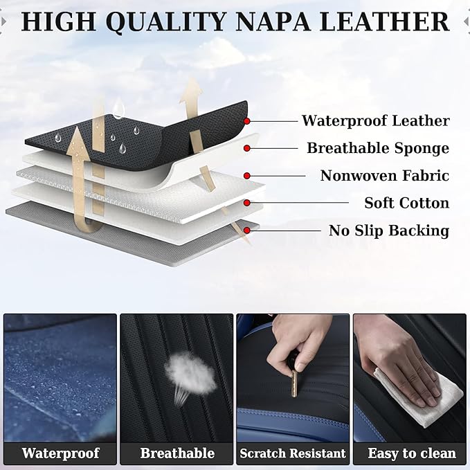 Coverado Car Seat Covers Full Set, Nappa Leather Seat Covers for Cars, Car Seat Cushion Car Seat Protector, Front and Back Seat Protectors Cushions Universal Fit for Most Cars Vehicles(Blue&Black)