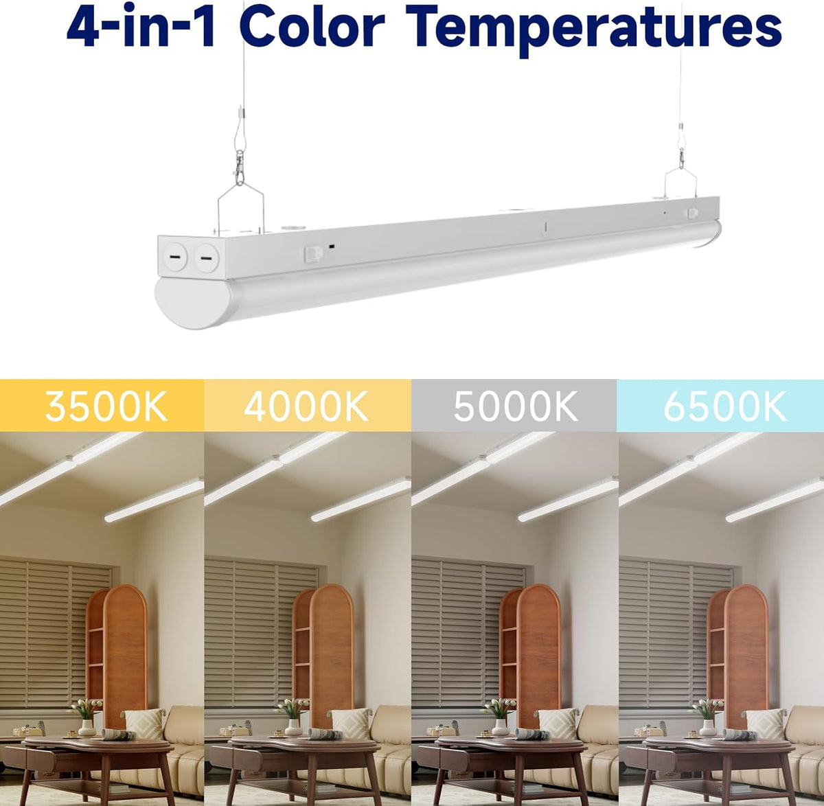 4FT LED Linear Strip Light, LED Shop Lights 40W/35W/30W Selectable,4 Color Selectable 3500K-6500K Adjustable,0-10V Dimmable Commercial Garage Office Ceiling Light Fixture, ETL DLC Listed (9 Pack)