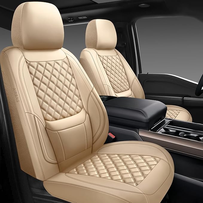 Car Seat Covers Full Set,Universal Fit for Cars,SUVs,Trucks,and Sedans with 5 Seats,Faux Leather Car Seat Cushion Compatible with Airbags,Waterproof Car Seat Protector,Beige