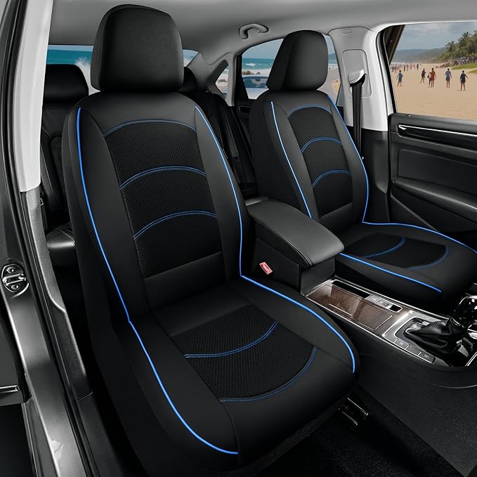 Road Comforts Car Seat Covers, Leather Front Seat Covers with Piping, Air-Cool Mesh Designed, Airbag Compatible Automotive Seat Covers for Most Car, Truck, Van, SUV - Black with Blue Piping