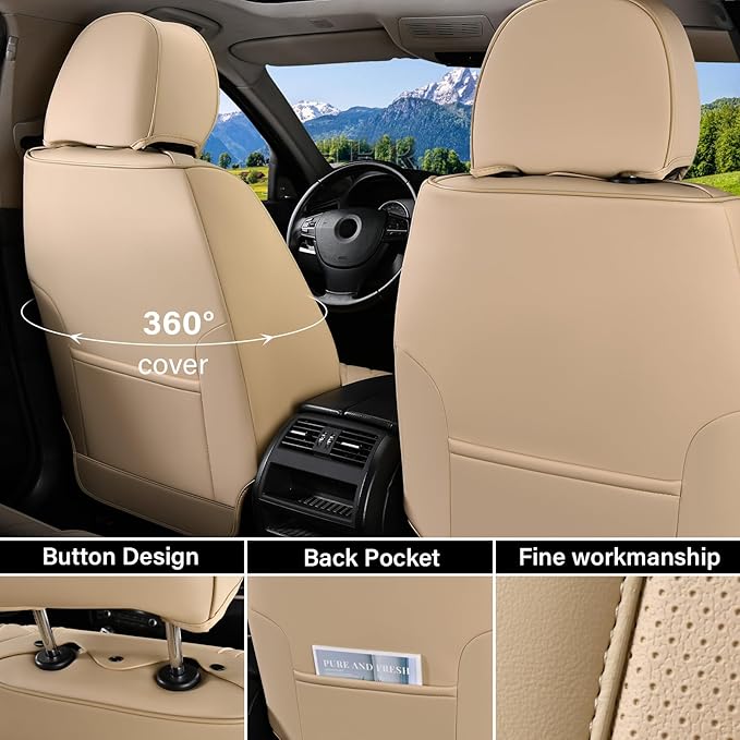 Coverado Car Seat Covers Full Set, Car Seat Protector Waterproof, Nappa Leather Car Seat Cushion, Beige Seat Covers for Cars, Front Seats and Back Universal Fit for Most Cars