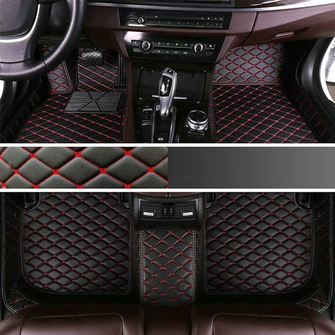 Custom Personalized Floor Mats for Cars - Luxury Full Coverage All Weather Mats, Anti-Slip Leather Mat Set, Fit for 99% of Cars, SUVs & Trucks (Black Red, A-Diamond)