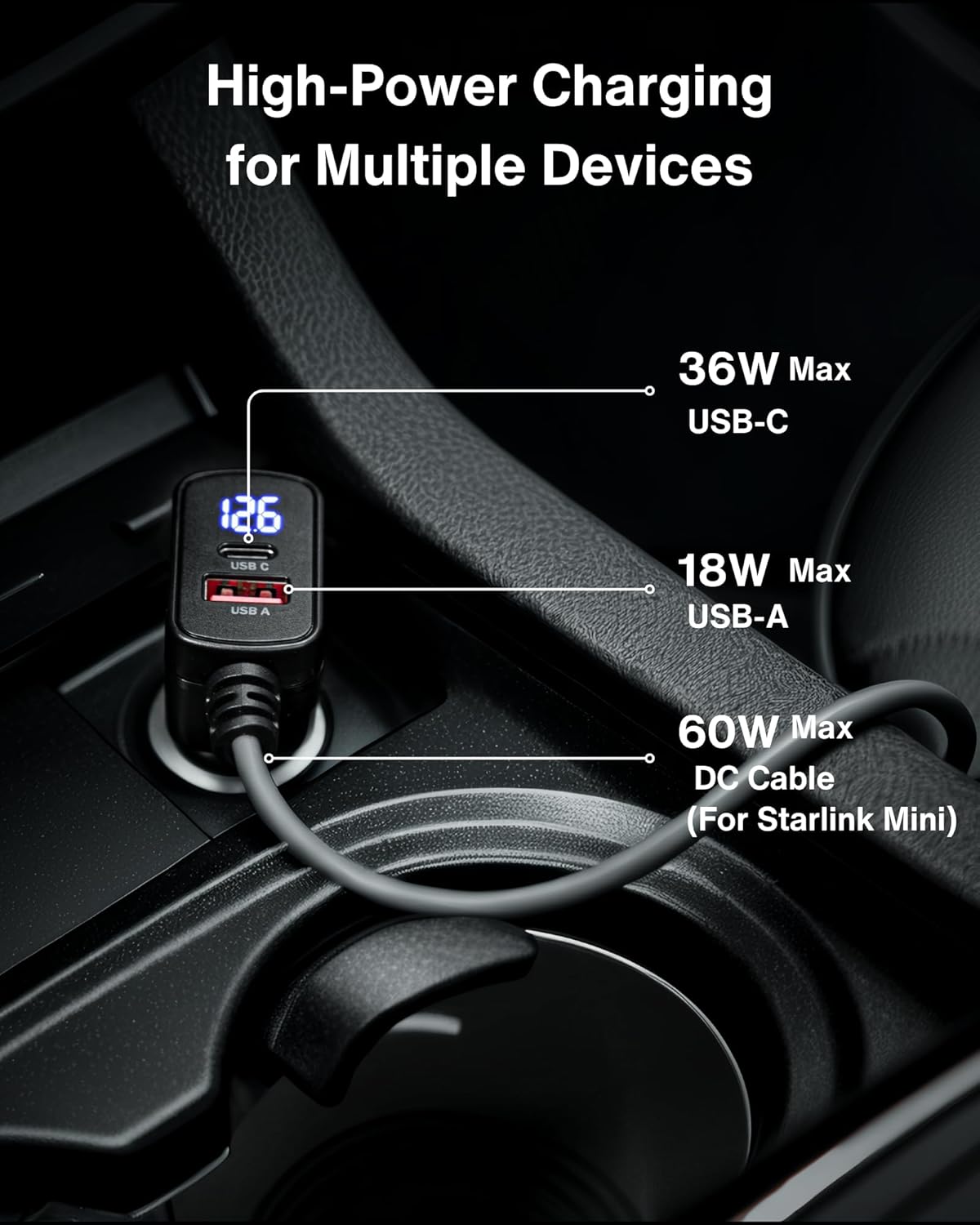 Car Charger Cable for Starlink Mini 10FT with Display - 12-24V Cigarette Lighter to DC Power Cable, 60W DC + 33W Dual USB-C/USB-A Adapter for Trucks, RVs & Boats, 18AWG Cord with Voltage Monitoring