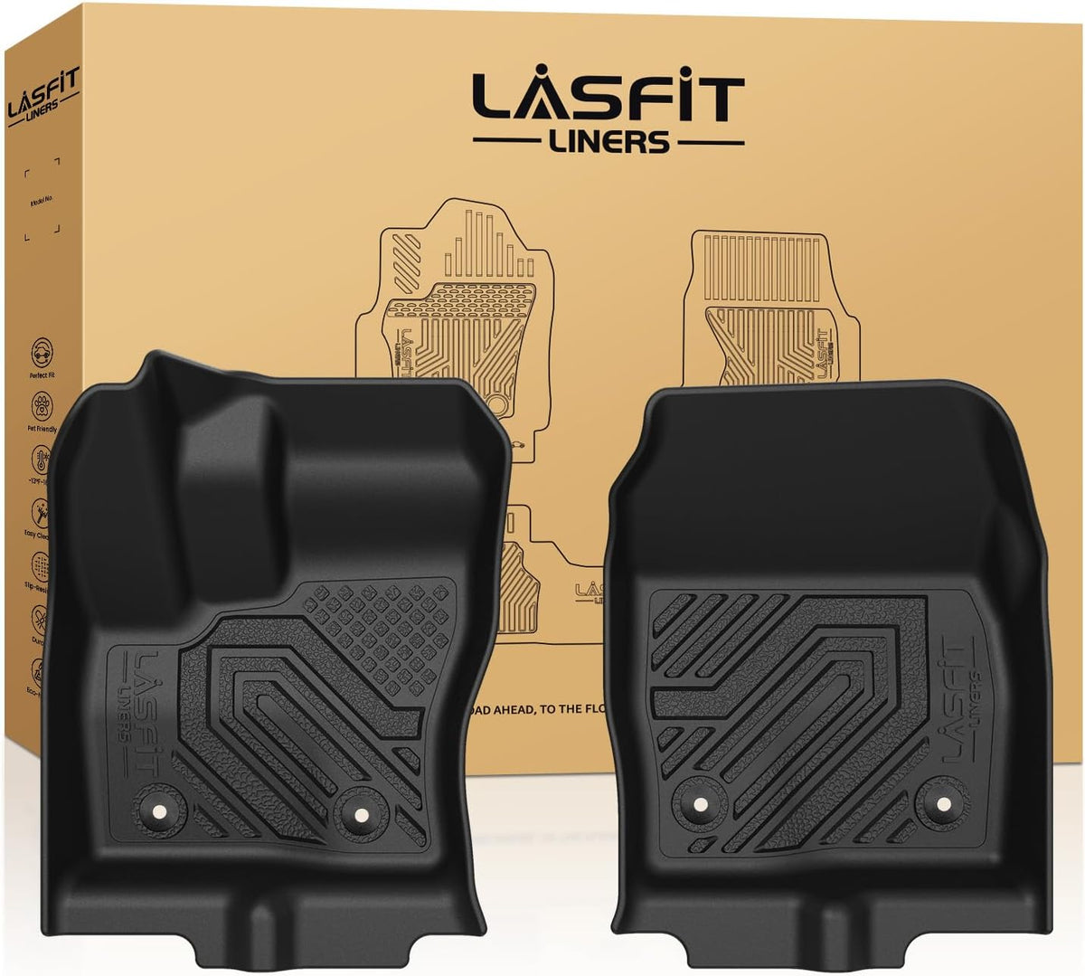 LASFIT Front Floor Mats for Ford Transit Connect 2014-2021 Vinyl Floor with Floor Posts All Weather Protector TPE Car Floor Liner for Transit Vans, 1st Row Only, Black