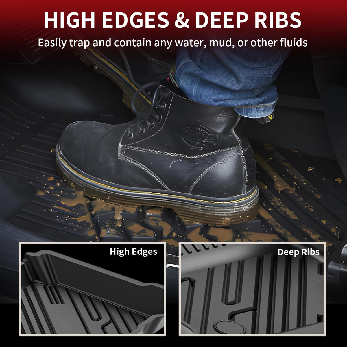 LASFIT Floor Mats for Ford Edge 2015-2024 SE/SEL/SEL Plus/Sport/ST/ST-Line/Titanium, Custom Fit TPE Car Floor Liners, 1st & 2nd Row All Weather Protector, 3pcs Black