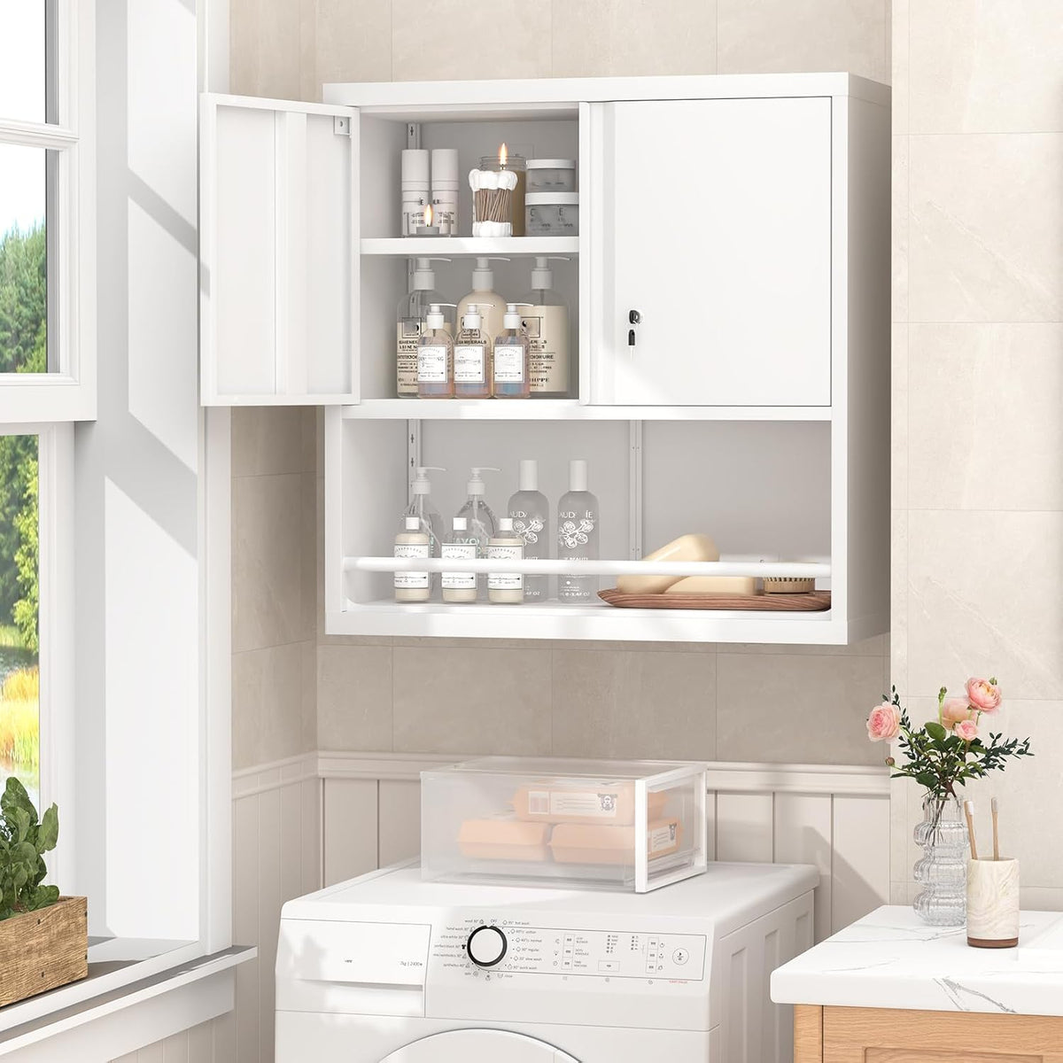 GREATMEET 31" H Locking Metal Garage Storage Cabinet with Doors and Shelves, Lockable Wall Cabinet Storage, White Steel Wall Mount Cabinet Hanging Floating for Office Utility Room