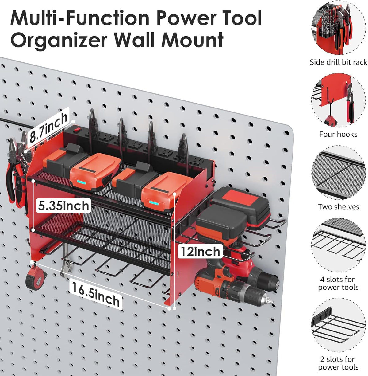 CCCEI Modular Power Tool Organizer Wall Mount Charging Station, Red 6 Drills Holder with 8 Plug Power Strip, Garage Drill Battery Heavy Duty Metal Shelf, Utility Rack with Hooks, Side Storage.