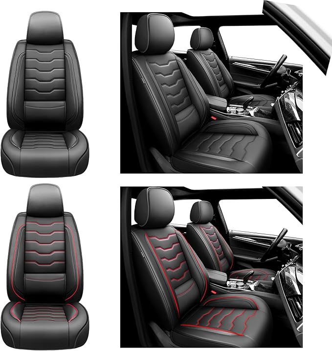Fit Versa Car Seat Covers Compatible with Nissan Versa 2008-2025 2026 - Premium Leather，Waterproof Breathable，All-Weather Seat Cushion Protecto&Airbag Compatible (2 Front Seat Red Line Black)