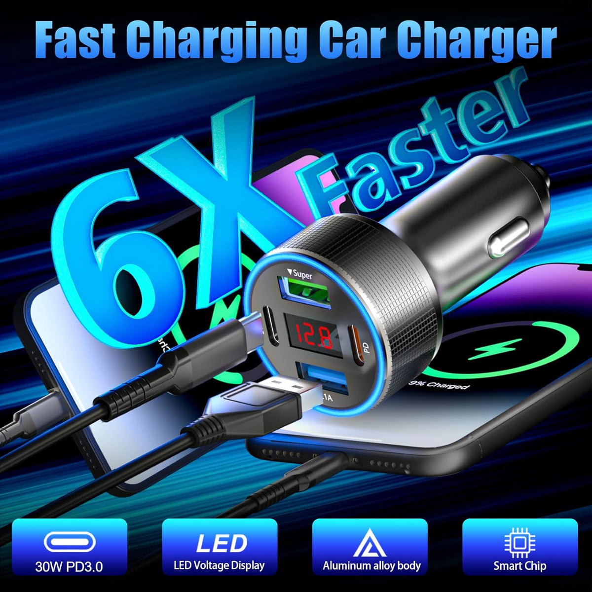 Car Charger USB C, 78W 4 Port Fast Charging Car Phone Charger Adapter, Dual USB-C & USB-A Cigarette Lighter Adapter with Voltmeter Type C Vehicle Accessories for iPhone 16 15, iPad, Samsung, Android