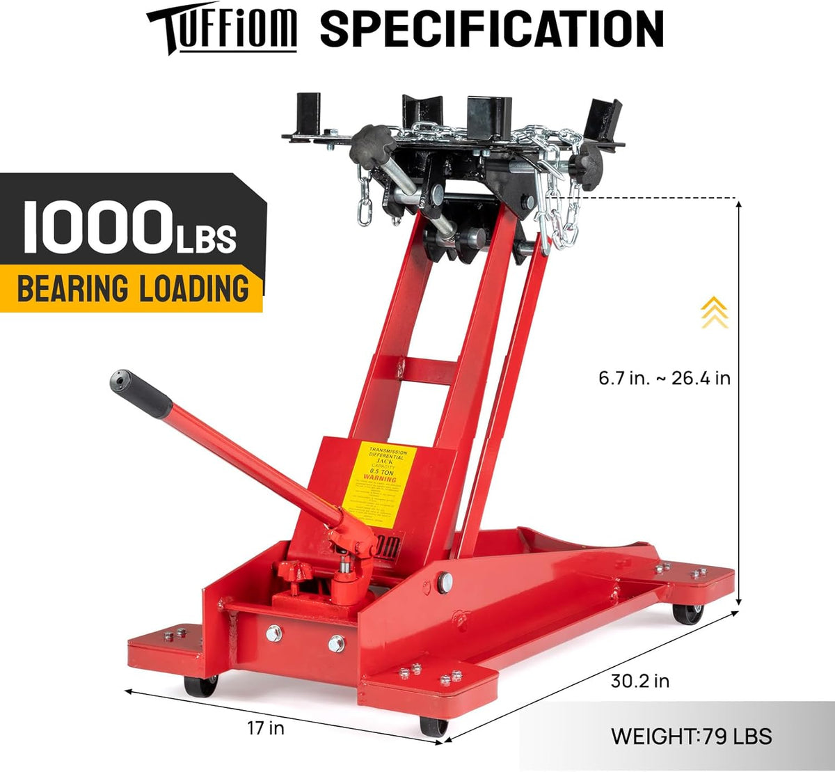 TUFFIOM Hydraulic Transmission Service/Floor Jack Lift 1/2 Ton (1,000 lb) Capacity, Low Profile Roll-Under Floor Trolley, Automotive Shop Tool Hoist Lift Lifting Jack, Red