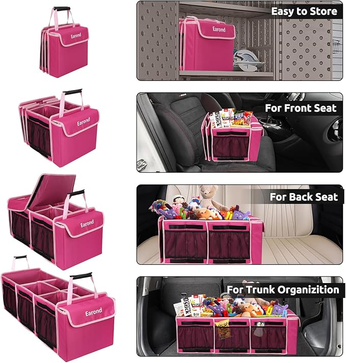Collapsible Trunk Organizer with Insulated Leakproof Cooler Bag,Removable Lid,Adjustable Securing Straps,3 Compartments Trunk Organizer for SUV,Truck,Sedan(Pink)