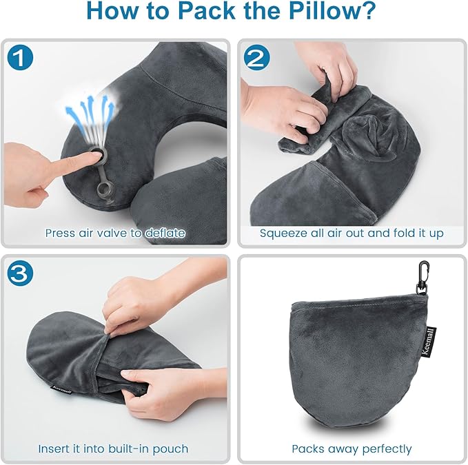 Inflatable Travel Pillows for Airplanes, Easy Blow Up Inflatable Travel Neck Pillows for Air Travel Sleeping Long Flight, Comfort Travel Air Pillows for Car Train Office Nap Camping
