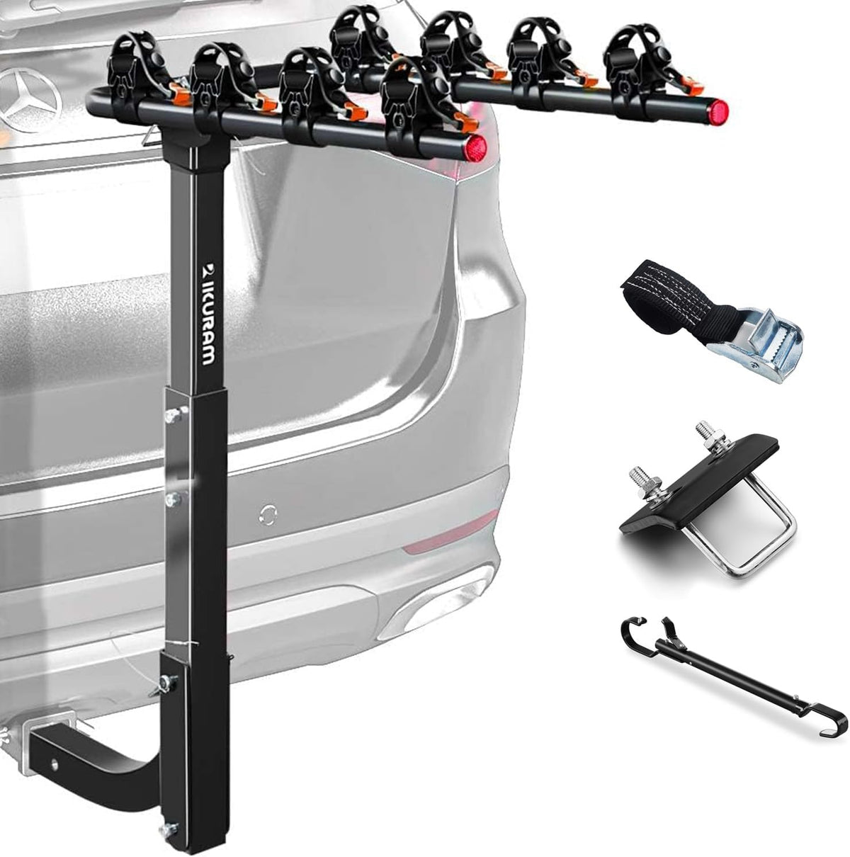 4 Bike Rack Bicycle Carrier Racks Hitch Mount Double Foldable Rack for Cars Truck SUV Fits 2" Receiver, Tie Down Strap, Anti-Rattle Hitch Tightener & Bicycle Cross-bar Adapter for Kid’s Bike