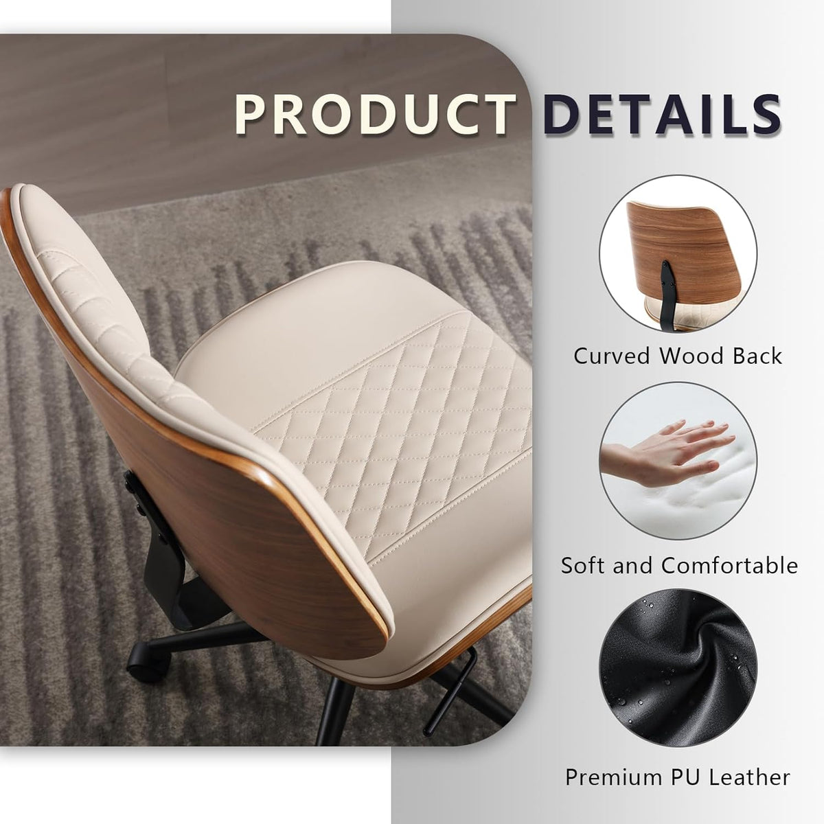 Home Office Chair No Arms with Wheels, Adjustable Height Small Desk Chair, PU Leather Mid Back 360 Swivel Computer Chair, Armless Modern Walnut Chair for Office, Reading Meeting Room(Beige)