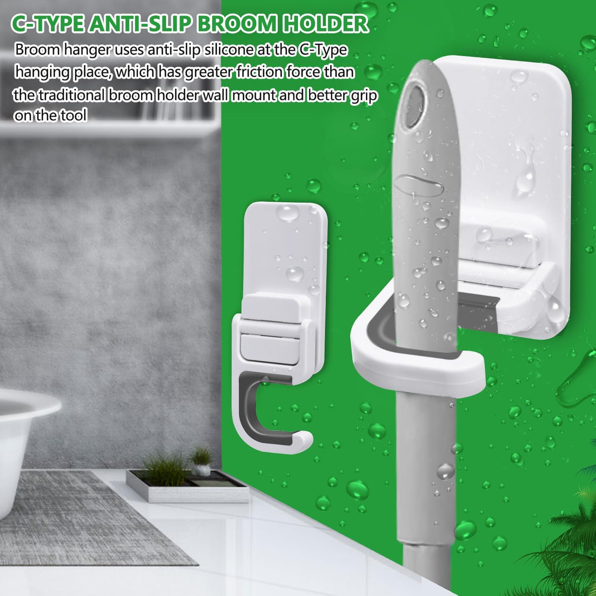 6 pack Broom Holder Wall Mount Mop Holder Broom and Mop Gripper Self Adhesive Peel and Stick Anti-Slip Mop Handle Hanger Household Cleaning Organizer, Holds up to 6 lb