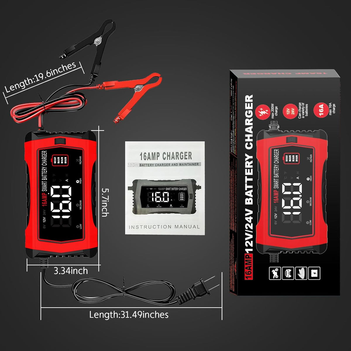16 Amp Battery Charger, Car Battery Charger 6V 12V 24V Lithium,Lifepo4,Lead-Acid(AGM/Gel/SLA..),Battery Maintainer, Trickle Charger, and Battery Desulfator for Car,Boat,Motorcycle…
