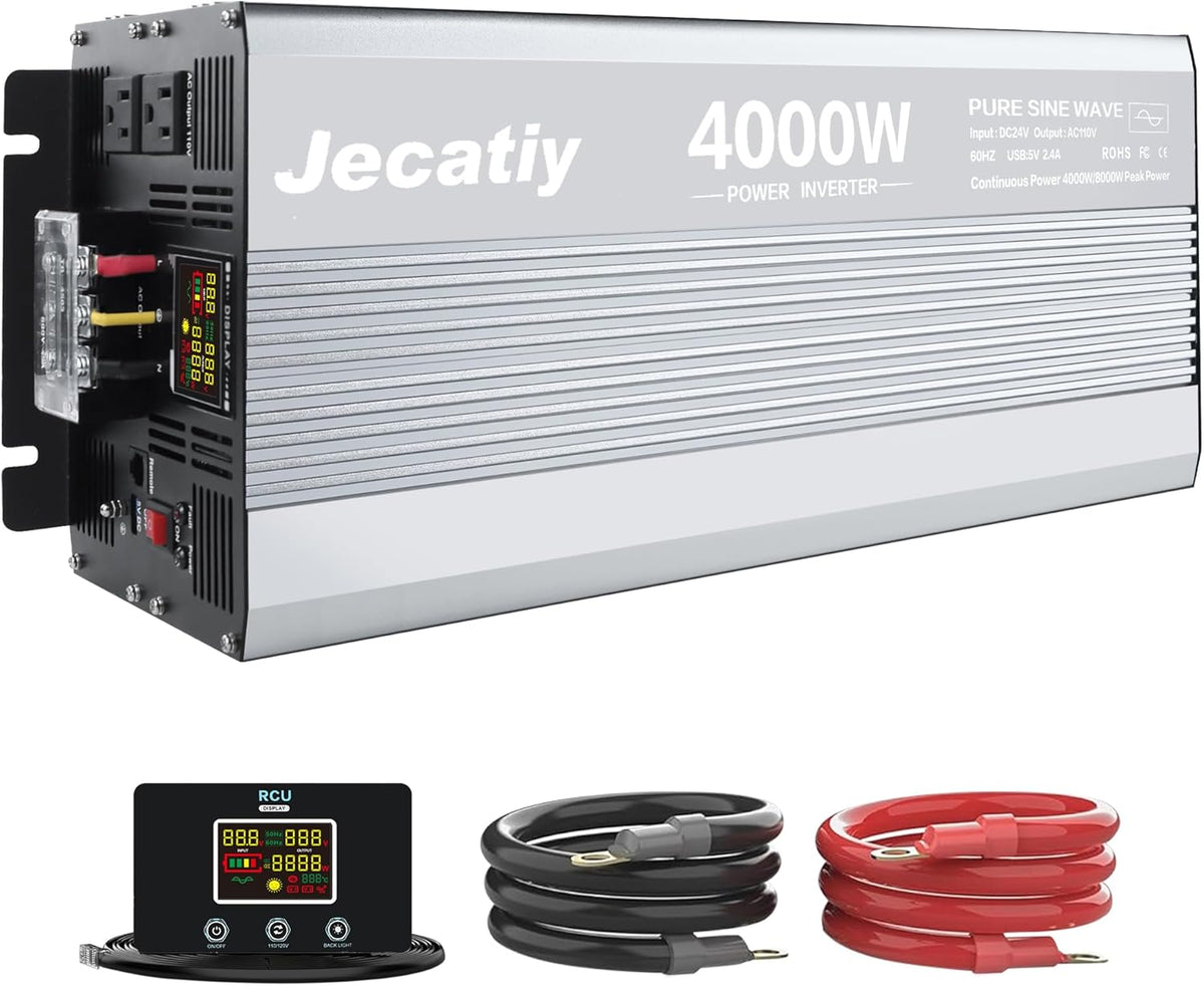 4000 Watt Pure Sine Wave Power Inverter DC 24V to 110V/120V AC Converter with 2 AC,5V 2.4A USB Charging Ports, Car Solar Power Inverters with LCD Display for Home RV Truck