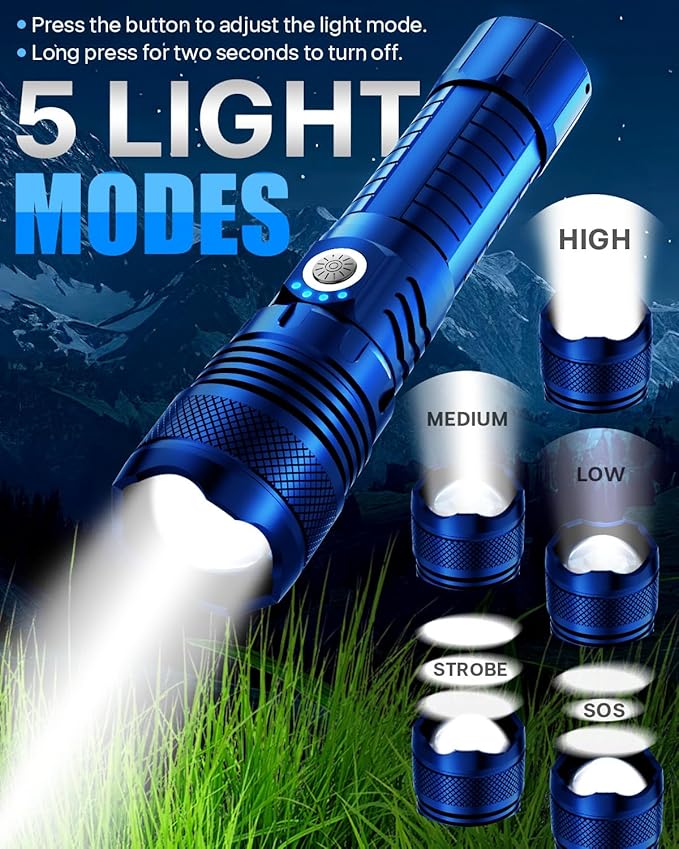Victoper Blue LED Flashlights, High Powered High Lumens Super Bright Tactical Flashlight, Rechargeable, 5 Modes Zoomable Waterproof Flash Lights for Emergency, Outdoor, Home, Camping, Hiking