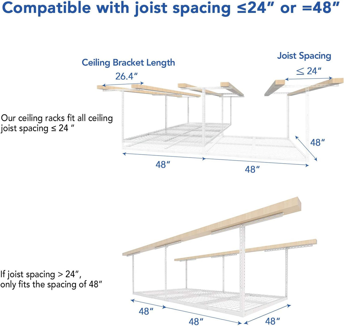 FLEXIMOUNTS 4x8 Overhead Garage Storage Rack w/Hooks Adjustable Ceiling Storage Racks, 96" Length x 48" Width x 40" Height, 22''-40" Ceiling Dropdown, White