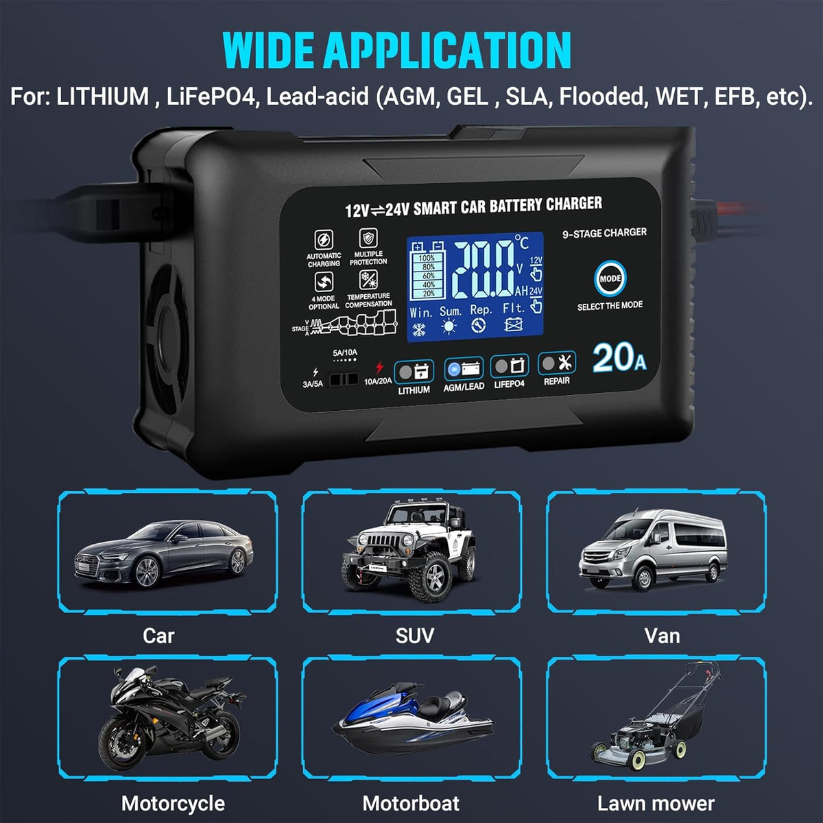 Battery Charger 0-20A 12V/24V Lithium LiFePO4 Lead Acid Fully Automatic Maintainer, Smart Car Battery Charger,Trickle Charger w/Pulse Repair for Trucks,Boats,Motorcycles,Deep Cycle Batteries ﻿