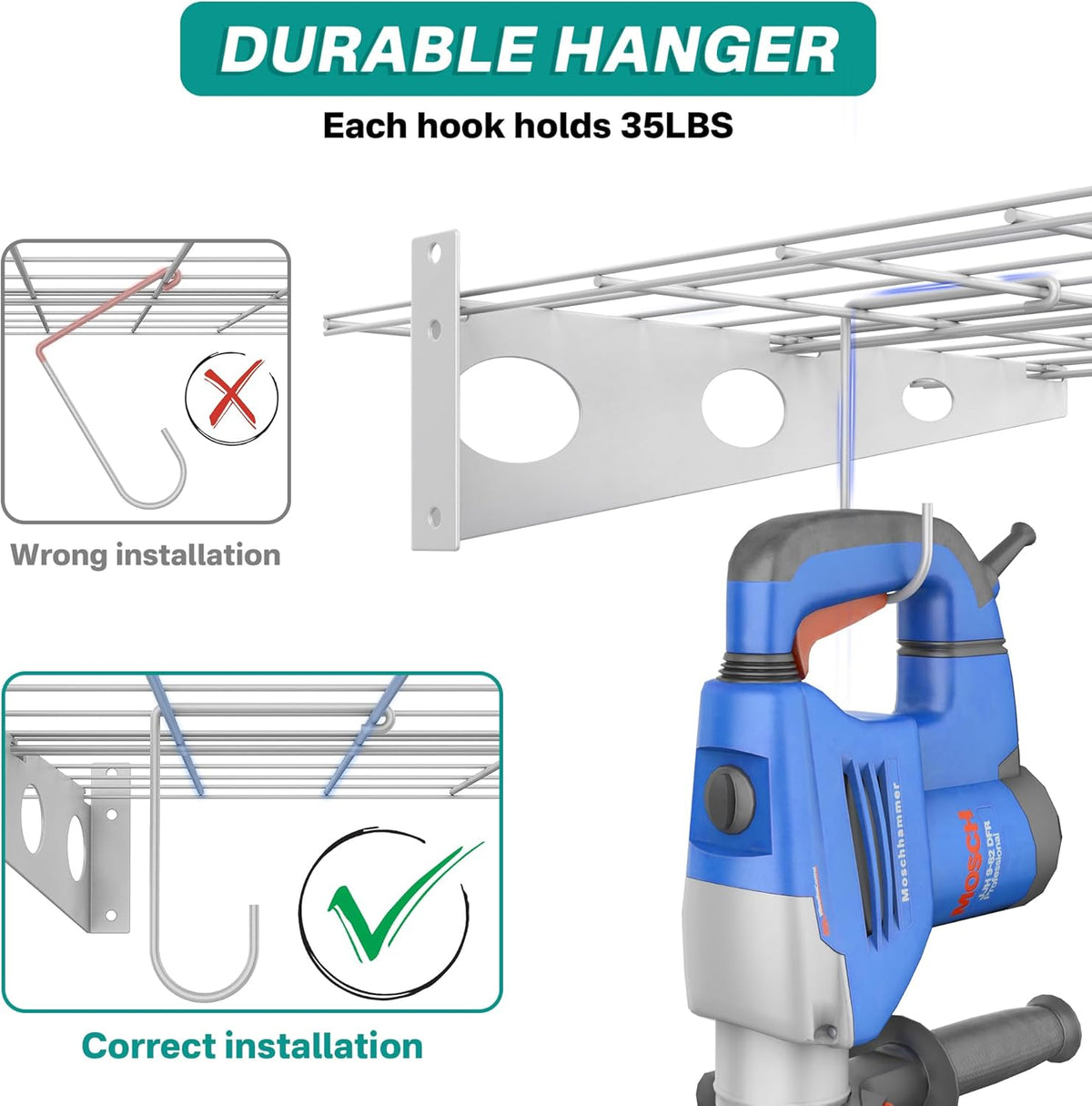 EVERHANGER Wall Mounted Garage Shelves, 2 x 4 ft Metal Storage Shelves, Heavy Duty Wall Shelving with Hooks, Holds Up to 220 Lbs, White