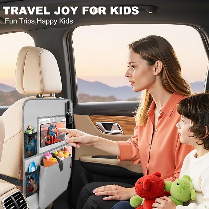 Car Backseat Organizer with Tablet Holder, 6 Storage Pockets Seat Back Protectors Kick Mats for Kids, Car Seat Protector for Road Trips 2 Pack (Grey)