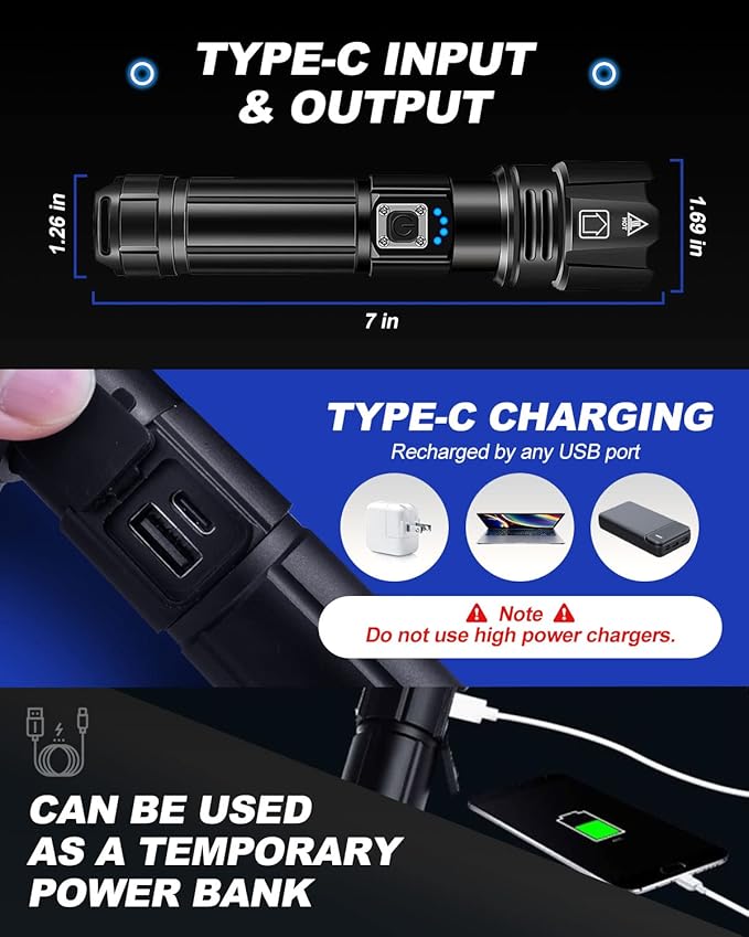 Victoper Rechargeable Flashlight, High Lumens Super Bright Flashlights, 5 Modes XHP 70.2 Waterproof High Powered LED Tactical Flash Light, Handheld Flashlight for Emergency, Camping, Hiking