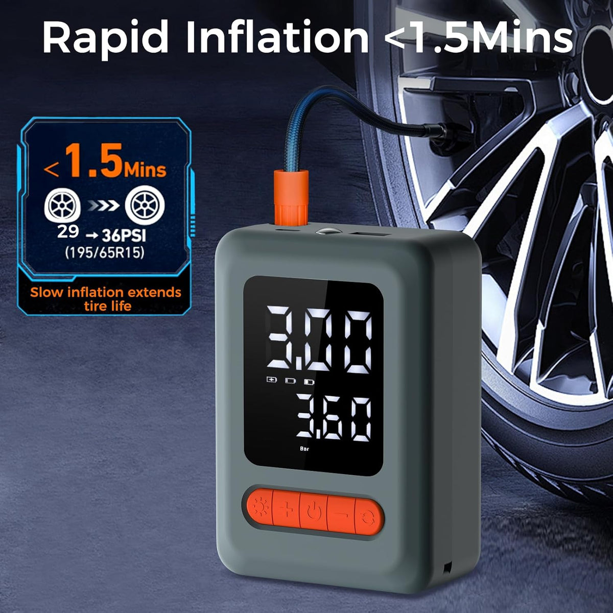 Tire Inflator Portable Air Compressor, Cordless Air Pump with LED Light & Pressure Gauge for Auto, Motorcycles, Bikes, Balls, Emergency Phone Charger