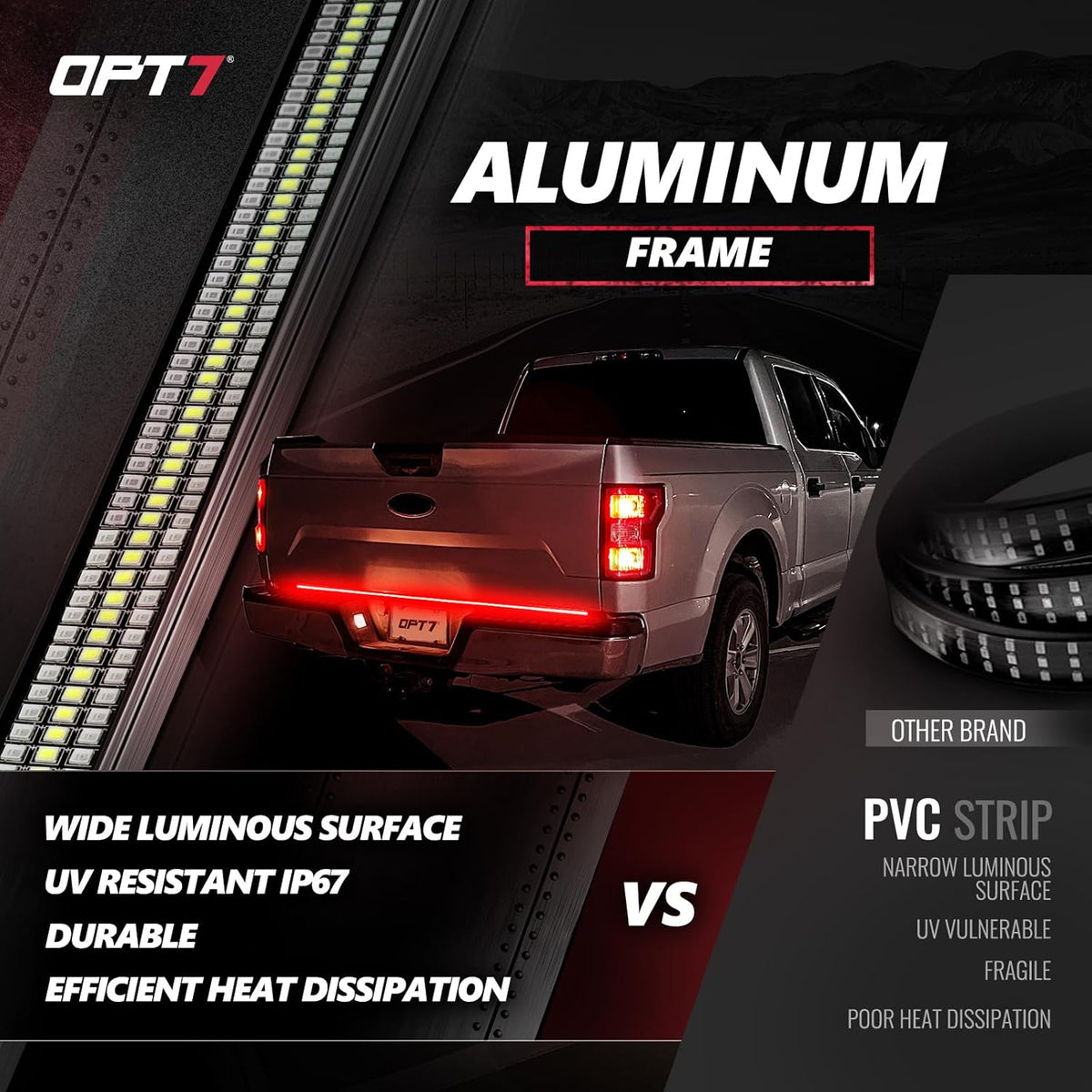 OPT7 60" Redline Triple Row LED Tailgate Light Bar w/Sequential RED Turn Signal - Weatherproof Rigid Aluminum Frame Light Strip for F150 RAM Silverado Sierra - Full Functions Reverse Brake Running