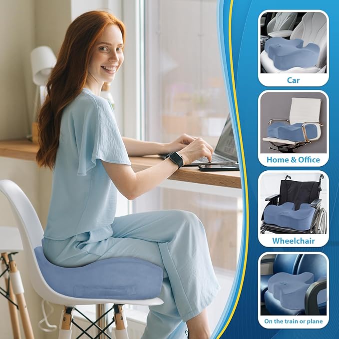 BlissTrends Seat Cushion,Thick Memory Foam Cushions for Office Chair, Car Seat, Airplane, Relieving Pressure Tailbone Sciatica Back Pain for Office Workers, Car Drivers 4.7in Thick LightBlue