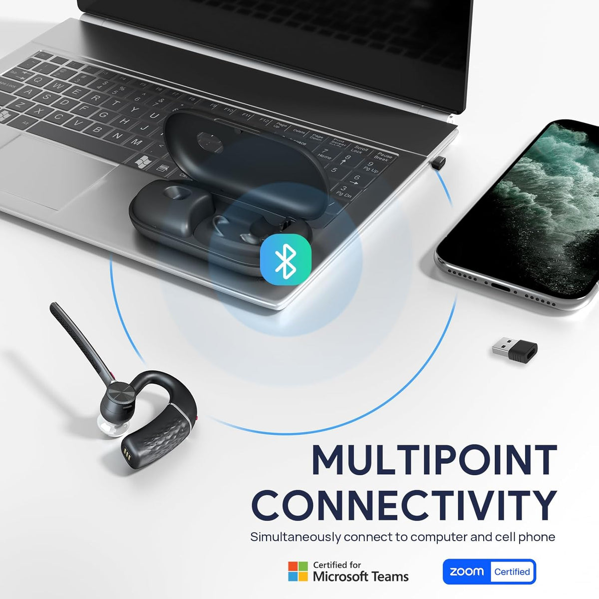 Yealink BH71 Pro Bluetooth Headset with USB-C/A Dongle, Teams Certified, Wireless Earphone for Cell Phone,PC,Laptop,Noise Cancelling Microphone, Adjustable Ear Hook
