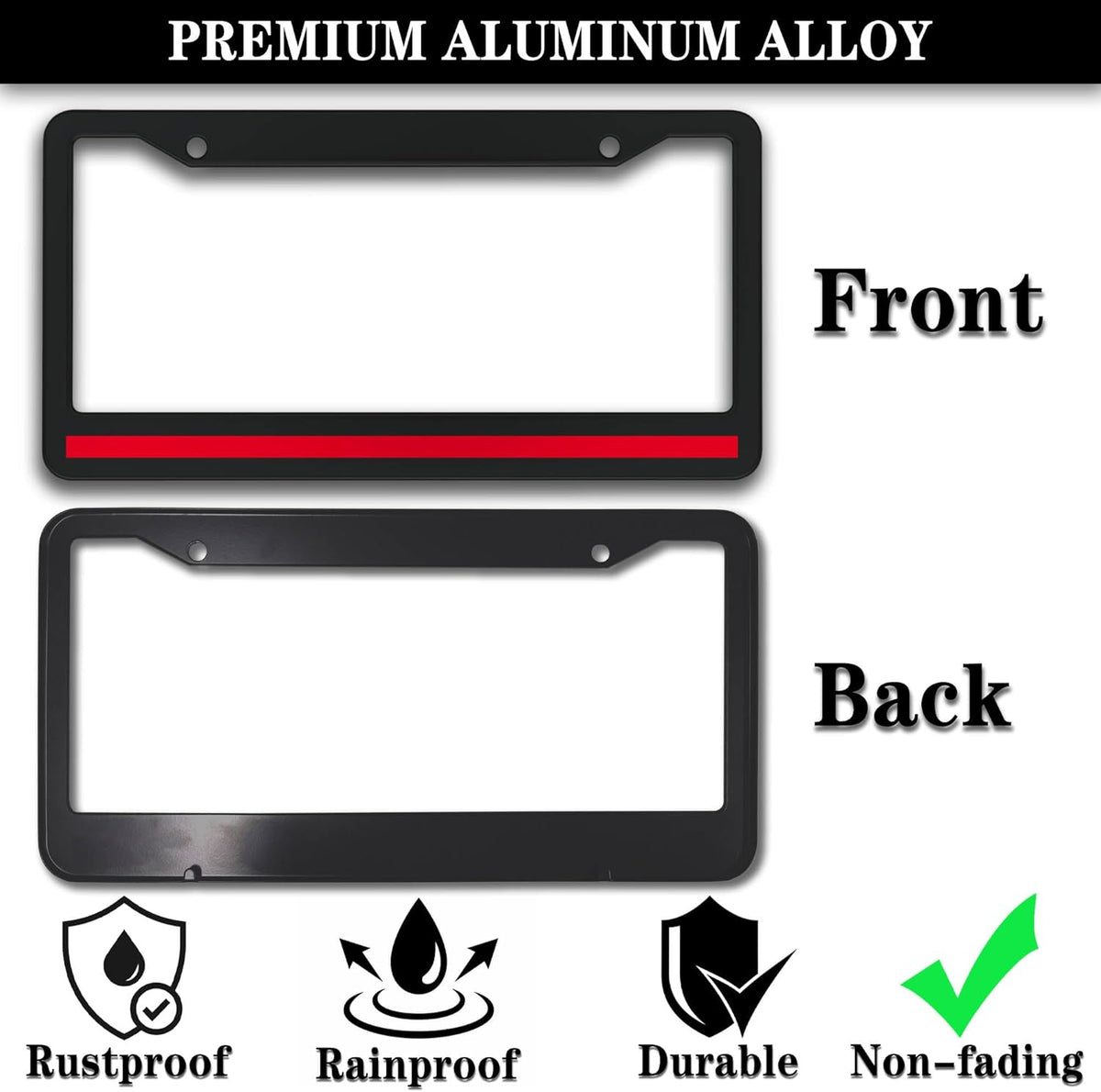 License Plate Cover Black and Red License Plate Frames Firefighter Red Line Flag Universal Aluminum Car Accessory 2 Pack with Screw Covers Set