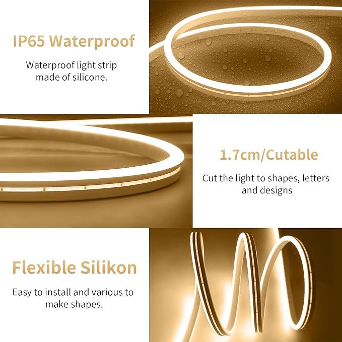 iNextStation USB LED Neon Lights Strip Warm White, 6.6ft 5V Neon Rope Lights Waterproof Flexible Dimmable LED Neon Tape Lights for TV Backlight, Bedroom, Cabinet, Kitchen, DIY Lighting