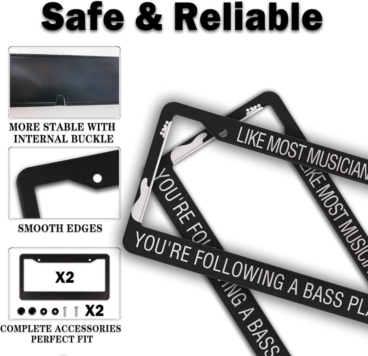License Plate Frame Holder Black and White License Plate Frames Like Most Musicians Following Bass Player Aluminum Metal Car Accessory 2 Pack with Screw Covers Set