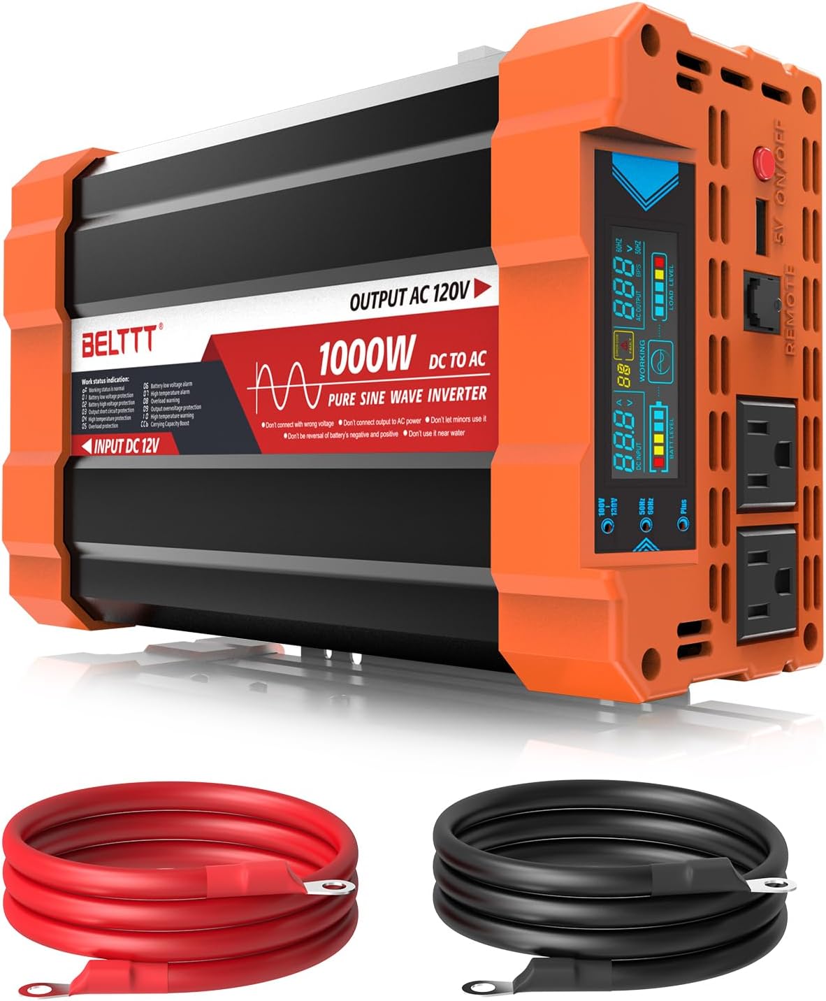 BELTTT 1000Watt Pure Sine Wave Inverter 12V DC to 120V AC for RV, Truck, Off-Grid Solar Car Power Inverter 12V to 110V Converter with Dual AC Socket and 5V 2.1A USB, Intelligent LCD, 2000W Peak