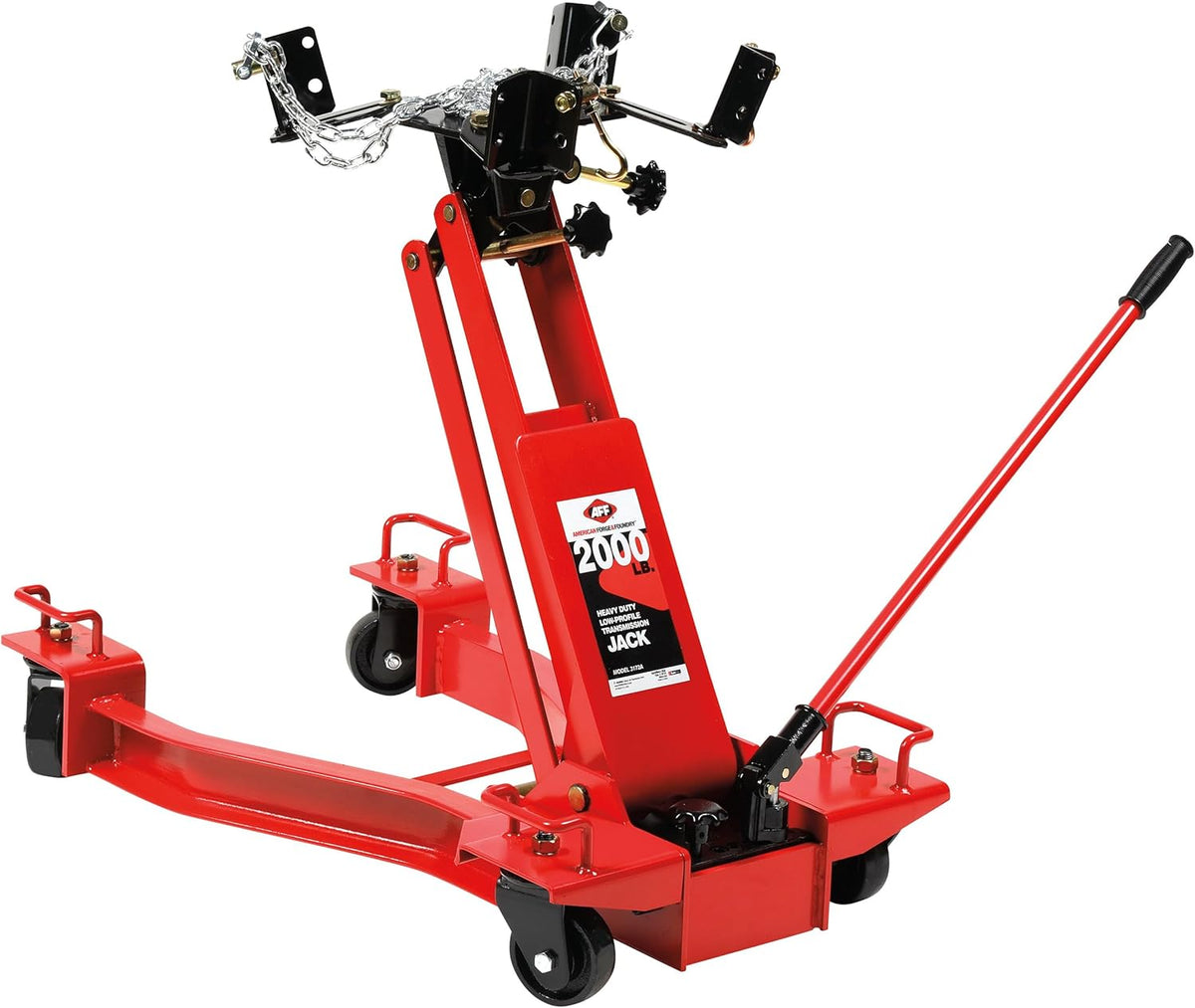 AFF Low Profile Manual Hydraulic Transmission Jack - Heavy Duty Steel Body, Adjustable Saddle with Safety Chain & 360 Handle - for Transmissions, Transfer Cases & Differentials (Multiple Capacities)