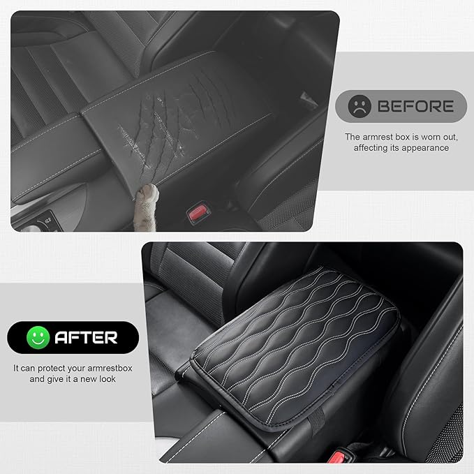 Amiss Auto Center Console Pad, Universal Waterproof Armrest Seat Box Cover, Car Interior Accessories, Leather Auto Armrest Cover Protector for Most Vehicle, SUV, Truck (White Line)
