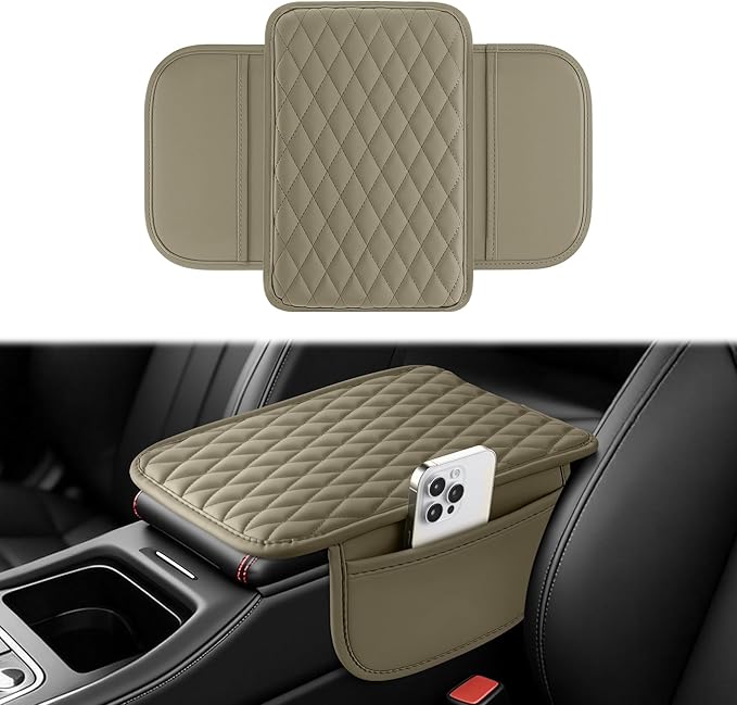 Amiss Car Center Console Cover, Upgraded Leather Car Armrest Cushion with 2 Storage Pockets, Universal Waterproof Cushion Pad, Non-Slip Car Interior Accessories, Fits Most Sedans SUVs Trucks (Beige)