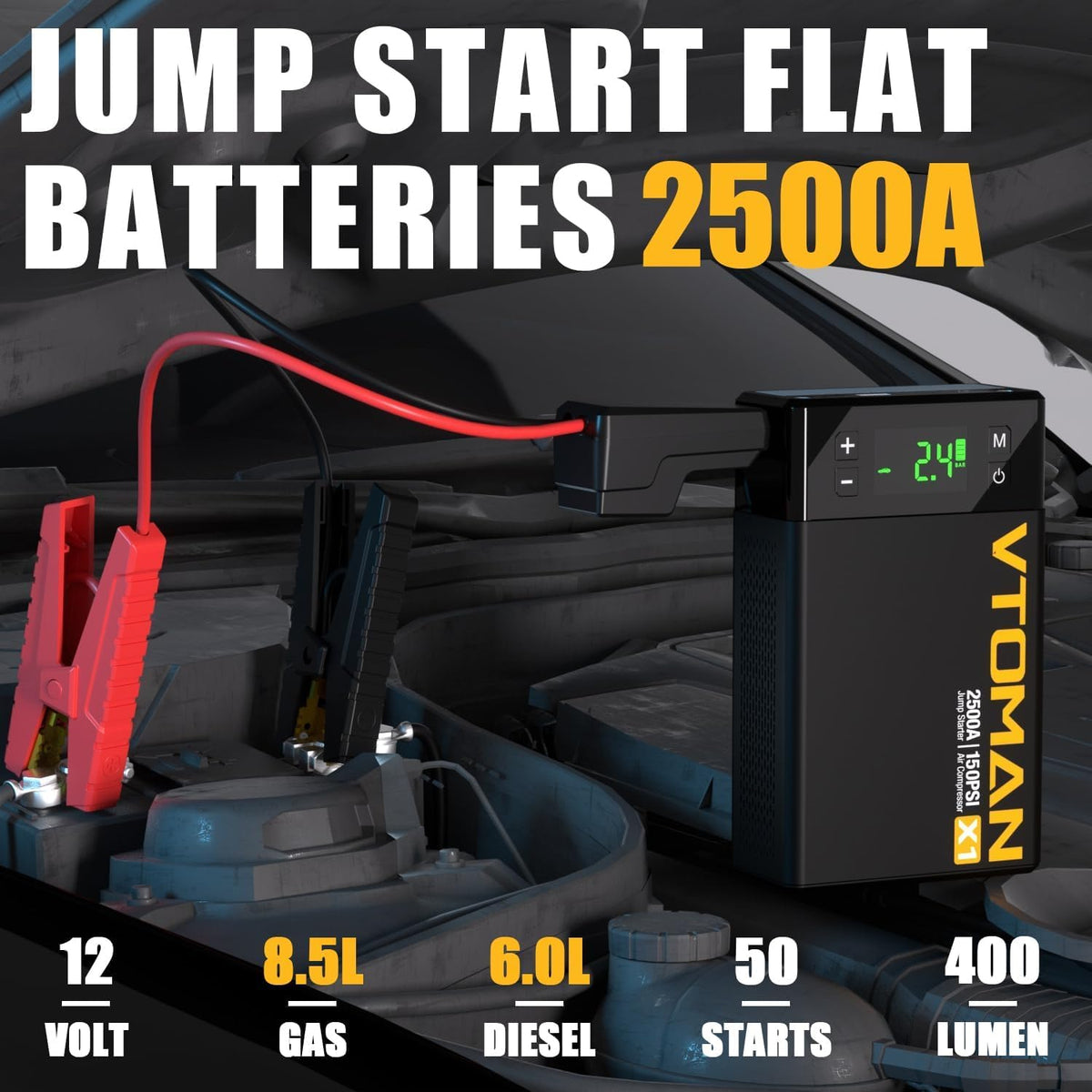 VTOMAN X1 Jump Starter with Air Compressor, Car Battery Jumper Starter (2500A,Up to 8.5L Gas/6L Diesel Engine) with 150PSI Auto Tire Inflator, 12V Portable Booster Pack, Lithium Jump Box Charger-Black