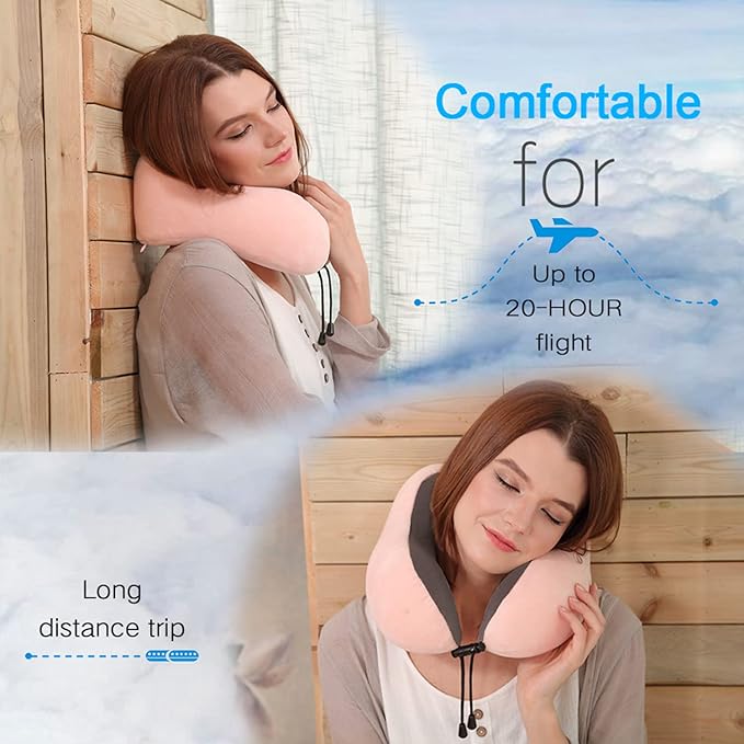 TALLGO Travel Pillow, Best Memory Foam Neck Pillow Head Support Soft Pillow for Sleeping Rest, Airplane Car & Home Use (Pink)