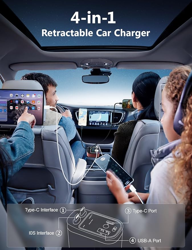Starlight Retractable Car Charger with Retractable Cables, Starlight in Car Roof 4 in 1 Super Fast USB C Car Phone Charger, 2 USB Ports Starry Sky Adapter, Compatible with iPhone 17 16 15 14 13 12