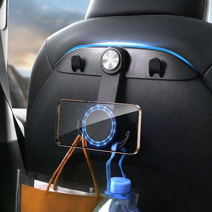 1 Pack Car Seat Hooks & Magnetic Phone Holder for Tesla Model Y(Juniper) Model 3(Highland) Accessories 2025 2024 2023 2022 2021, Car Seat Back Storage Purse/Bag/Hat Hook for iPhone