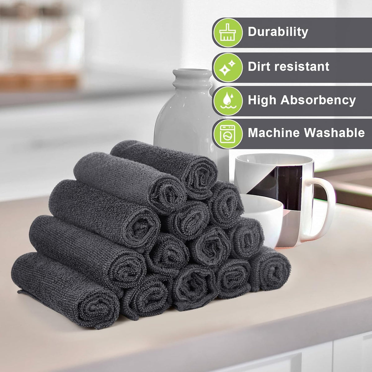 Tenare 100 Count 12'' x 12'' Microfiber Cleaning Cloths Reusable Cleaning Rags Bulk Microfiber Towels Softer Highly Absorbent Washcloths for House Kitchen Car Window(Dark Gray)